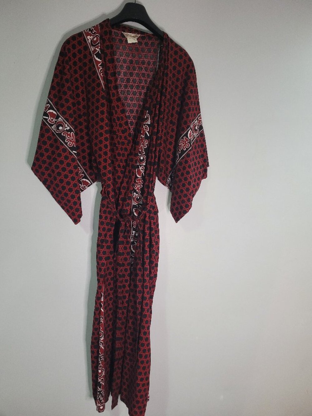 Vintage Japanese Kimono Robe Red Black Geometric Print Open Front Lounge Cover U
